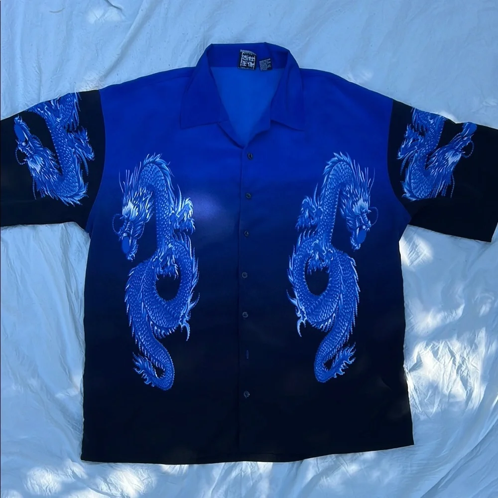 Vintage 90s Blue Dragon Print Collared Button Up Shirt - Picture 1 of 5